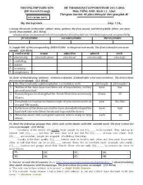 Đề thi khảo sát lớp Chuyên đề lần I môn Tiếng Anh Lớp 11 - Năm học 2015-2016 - Trường THPT Liên Sơn (Có đáp án)